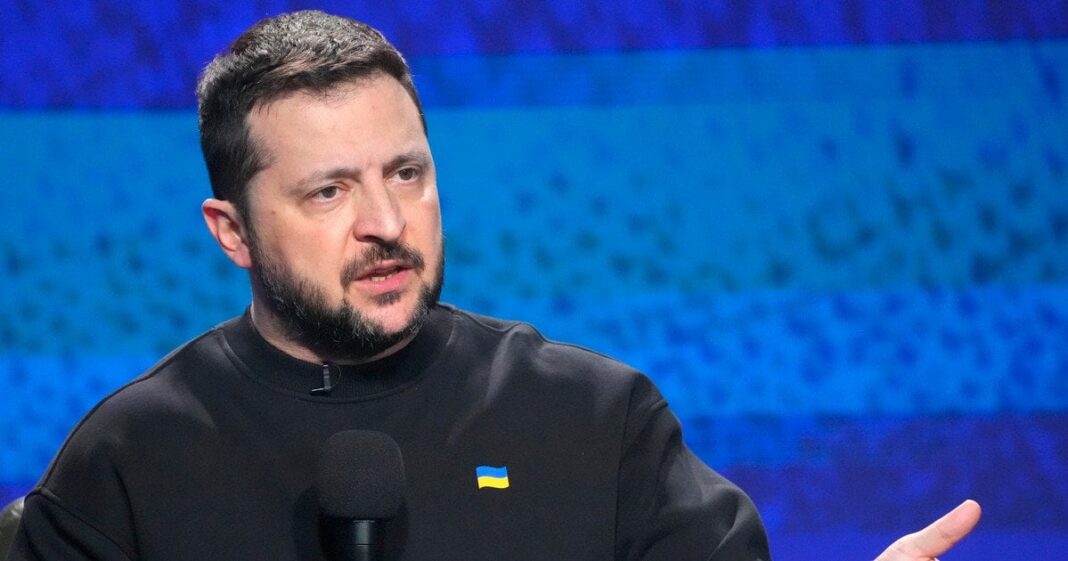 President Volodymyr Zelenskyy answers questions from journalists in Kyiv.