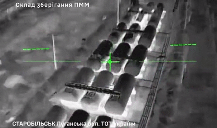 Пожежа на нафтобазі окупантів у Луганській області після удару дронів FP-2 українських Сил спецоперацій.