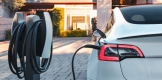 Станція зарядки електромобілів у Києві, на фоні — сучасний електрокар.