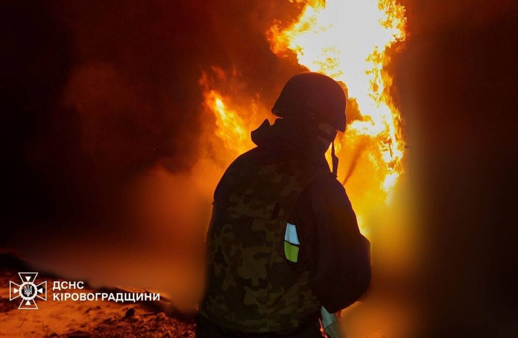 Rescuers and power engineers work at the scene after the attack in Kirovohrad region overnight.