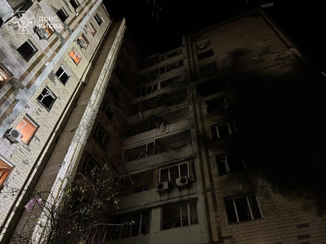Fire in a residential building after a kamikaze drone hit in Kyiv, 26 October 2025.