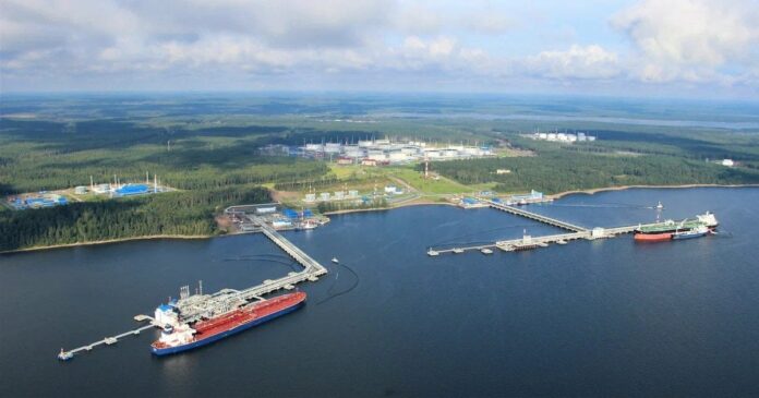 A tanker at the berth of the Novorossiysk port while loading oil