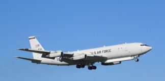 An aircraft in the sky over the Caribbean
