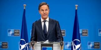 NATO Secretary General Mark Rutte during a speech in which he predicts a possible end to the war in Ukraine