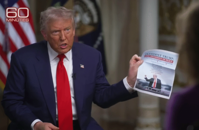 Screenshot_2 Дональд Трамп показує листівку «President of Peace» під час інтерв’ю 60 Minutes