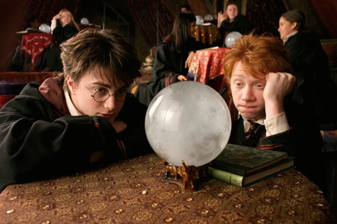 Daniel Radcliffe and Rupert Grint as Harry Potter and Ron Weasley in the crystal ball scene