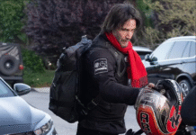 Keanu Reeves on his own motorbike at the John Wick event in Los Angeles