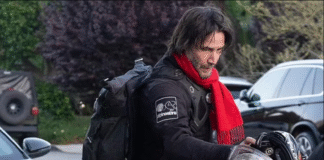 Keanu Reeves on his own motorbike at the John Wick event in Los Angeles