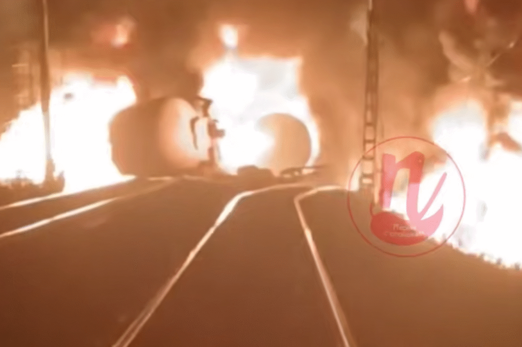 Burning railway gas tanks