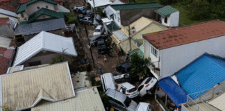 Destroyed houses after Typhoon Kalmaegi in the Philippines