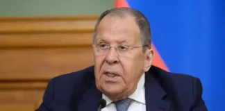 Sergey Lavrov speaking at the Russian Foreign Ministry in Moscow