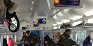 Border guards and customs officers control documents in a train