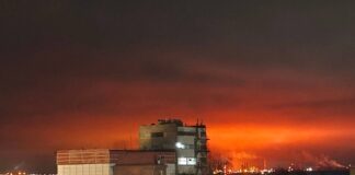 Smoke and flames over Saratov after nighttime drone attack
