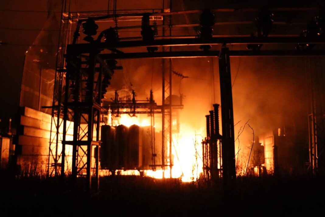 Burning power substation in the Kursk region
