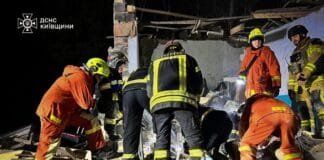 SES rescuers dismantle rubble of damaged house in Bila Tserkva after night attack