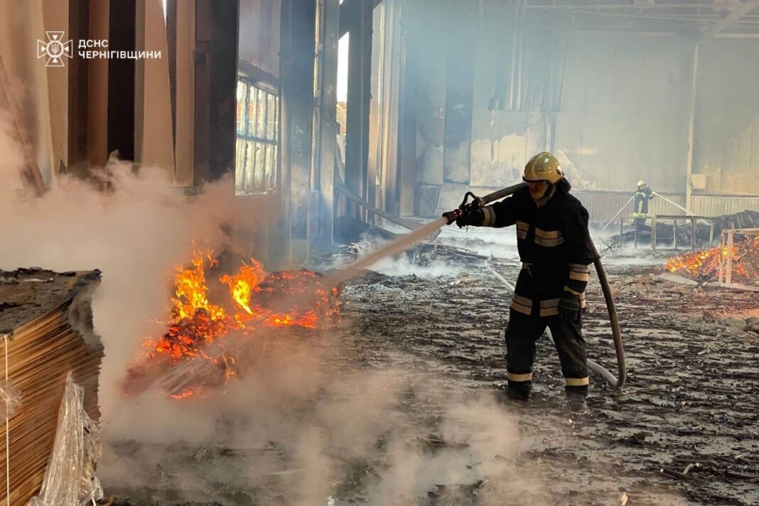Fire after a Russian UAV attack on a company in Koryukivka