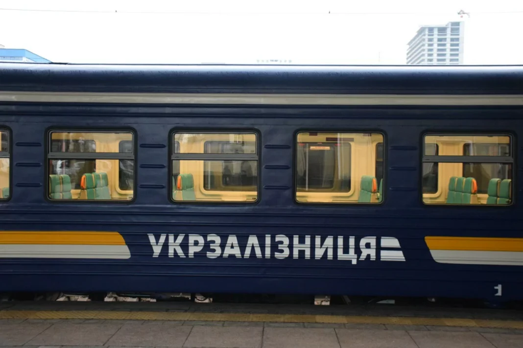 A Ukrzaliznytsia train in front of the station