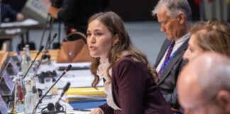 Міністерка у європейських справах Данії Марі Б’єрре під час виступу у Брюсселі.