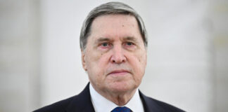 Russian presidential aide Yuri Ushakov during a statement in the Kremlin