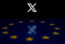 Єврокомісія втратила доступ до рекламної панелі X Логотип платформи X на тлі прапора Європейського Союзу.