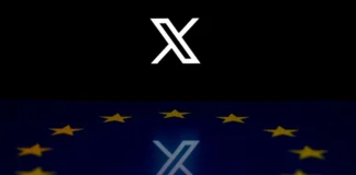 The X platform logo on the background of the European Union flag.