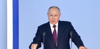 Russian President Vladimir Putin during a public speech on the elections in Ukraine