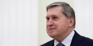 Russian presidential aide Yuri Ushakov during a statement in the Kremlin