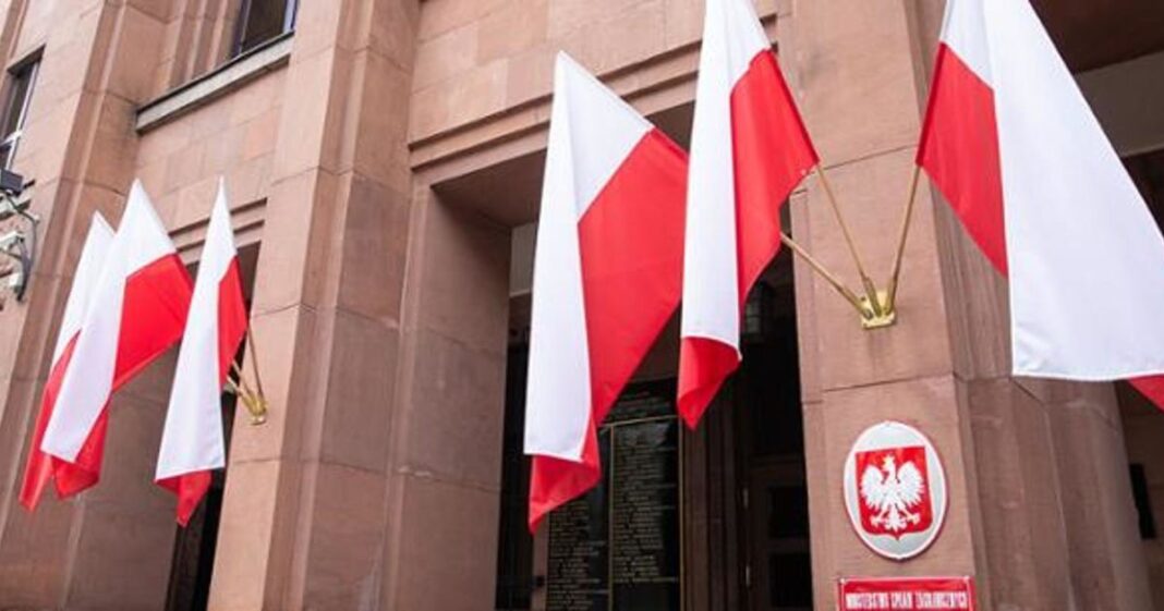 Polish flags outside a building of state institutions in Warsaw