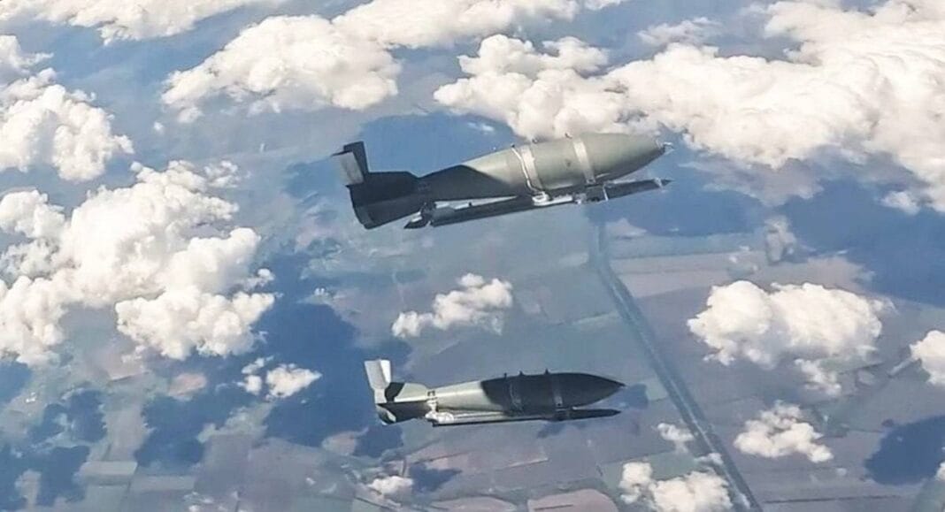 Two Russian guided aerial bombs in flight over Ukrainian territory