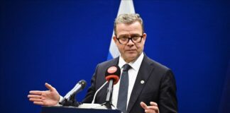 Finnish Prime Minister Petteri Orpo at a press conference in Helsinki