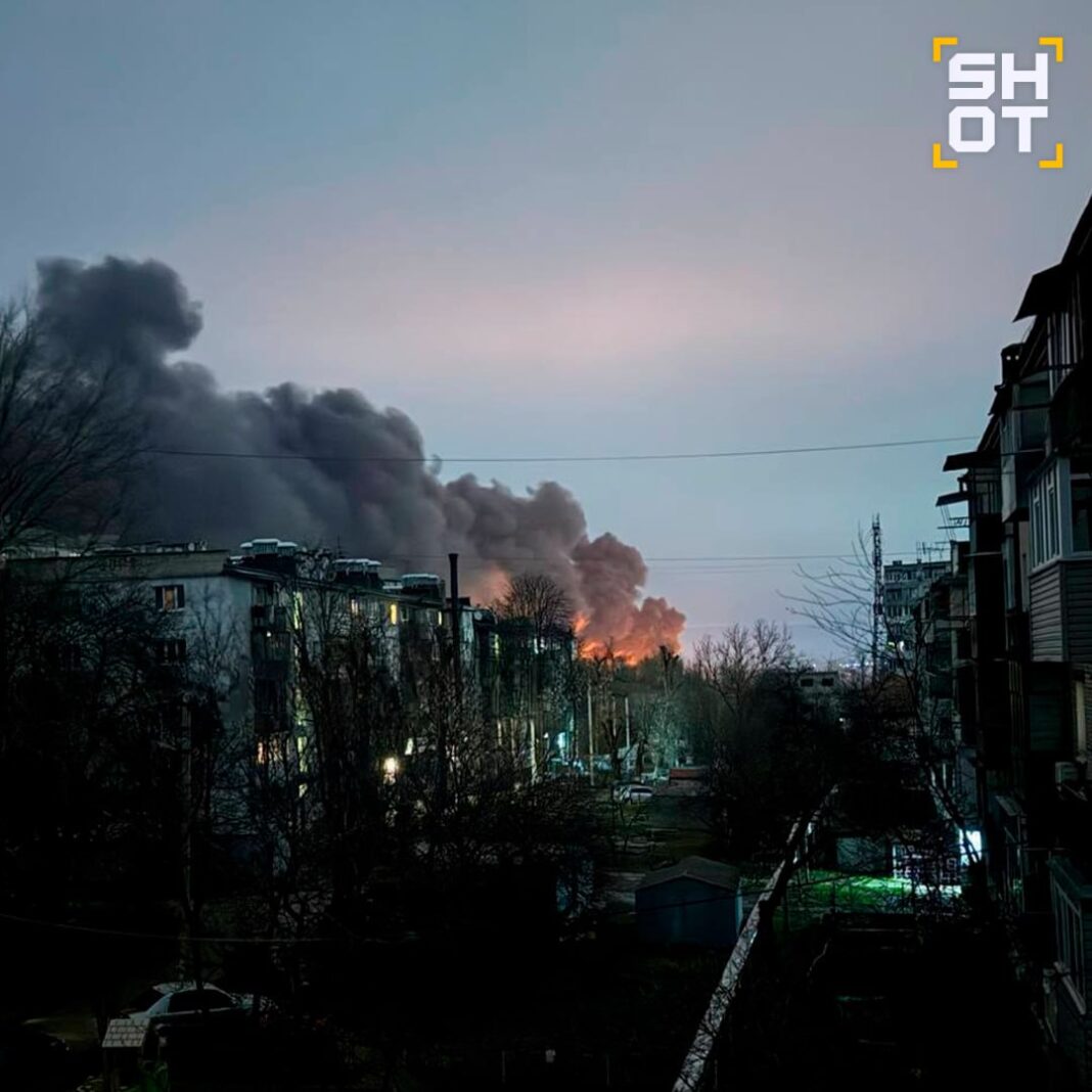 Fire and thick column of smoke after Russian strike on Fastiv industrial area