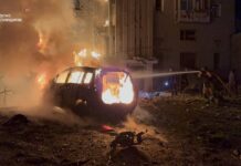 UAV strikes a nine-storey building in Okhtyrka Rescuers extinguish a fire near a burning car and a destroyed high-rise building