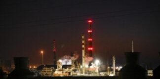 Burning infrastructure at the Syzran refinery at night after a drone attack