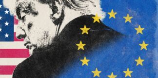 Illustration of the conflict between the US and the EU against the background of Donald Trump's image