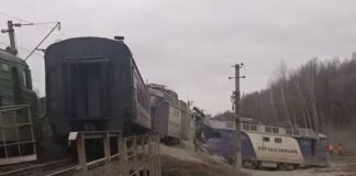 Passenger and freight trains after an accident in Zhytomyr region