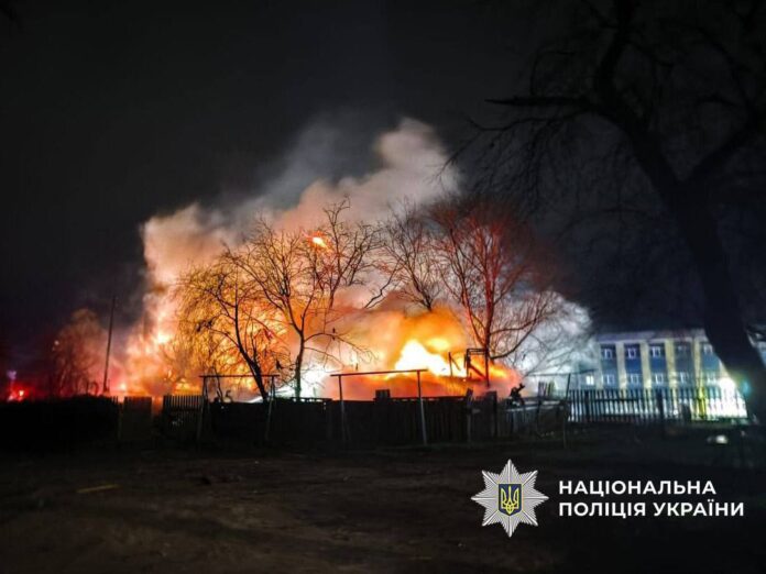 Fire after nighttime drone attack in Chernihiv