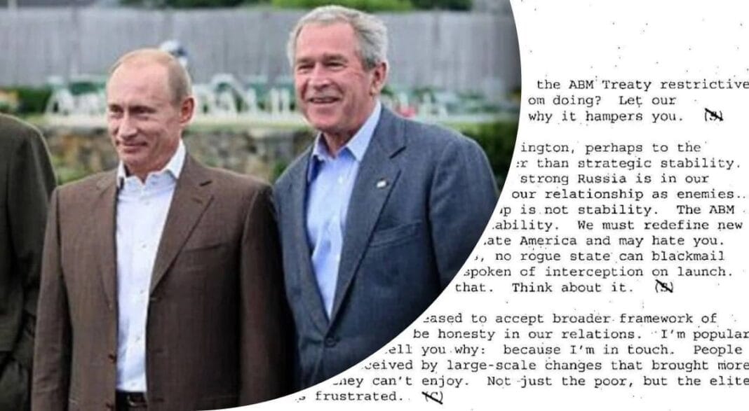 Vladimir Putin and George W. Bush during a meeting in the early 2000s