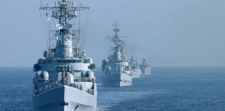 British and Norwegian warships on the background of the North Atlantic