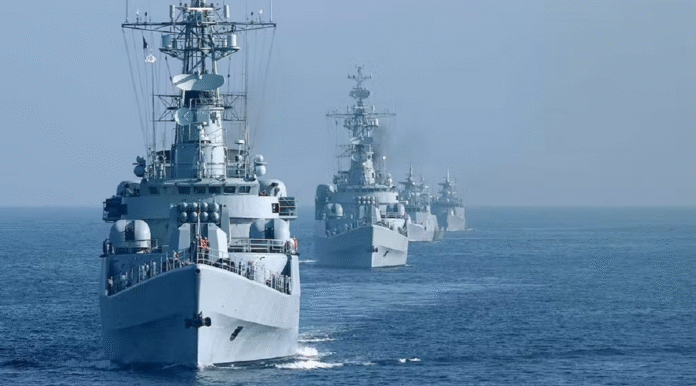 British and Norwegian warships on the background of the North Atlantic