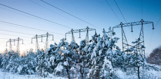 Power lines in Ukraine in winter