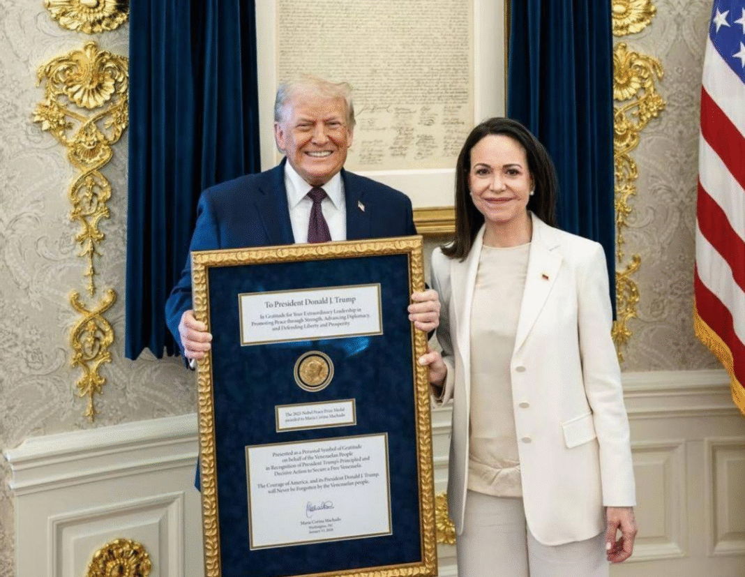 Donald Trump and Maria Corina Machado with the Nobel Peace Prize