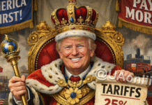 Дональд Трамп із символами влади та написом про тарифи