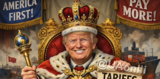 Дональд Трамп із символами влади та написом про тарифи