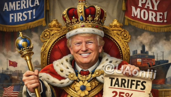 Дональд Трамп із символами влади та написом про тарифи