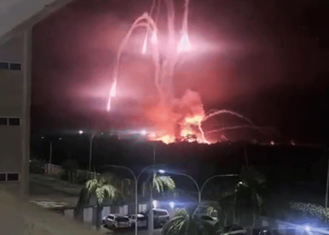 Explosions and fire in Caracas at night