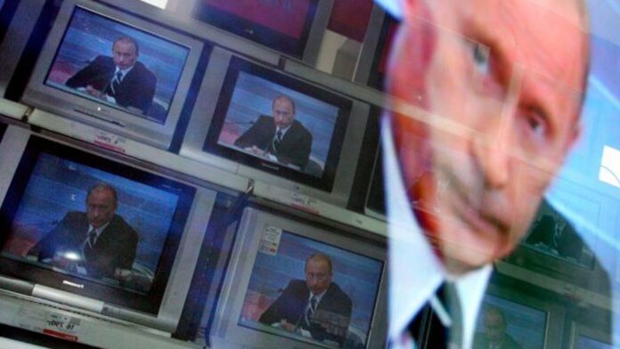 A Russian TV story with propaganda statements about the threat to the United States.