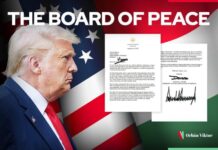 Дональд Трамп і документи «Ради миру» на тлі прапорів США та Угорщини