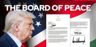 Donald Trump and the Peace Council documents against the backdrop of the US and Hungarian flags