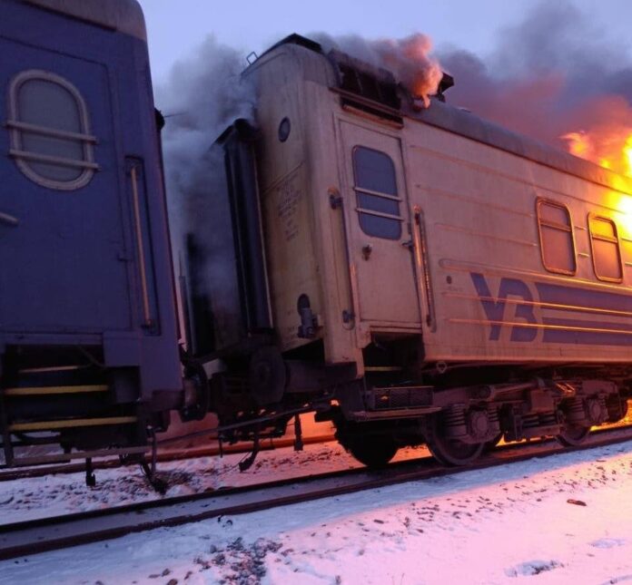 Passenger train fire after drone attack in Kharkiv region
