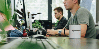 Young startup founders work late in the office